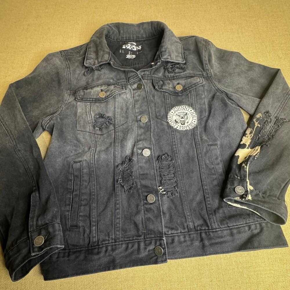 Ramones 1-2-3-4 Unisex Denim Jacket Large Distressed Blk Band Graphic Punk Rock